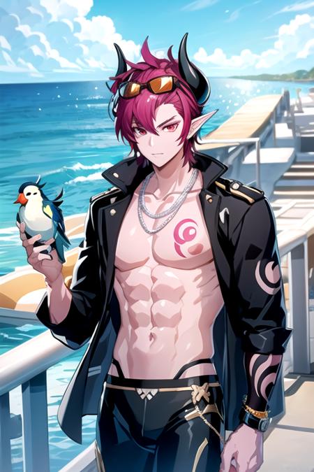 <lora:DioBurningCanyon-08:0.7> ,diogc, solo, looking at viewer, short hair, red eyes, 1boy, holding, jewelry, jacket, pink hair, male focus, earrings, outdoors, horns, sky, day, pointy ears, cloud, water, necklace, blue sky, tattoo, muscular, chain, bird, ocean, abs, sunglasses, cross, pectorals, demon horns, eyewear on head, topless male, arm tattoo, watercraft, cross necklace, male swimwear, cross earrings, boat