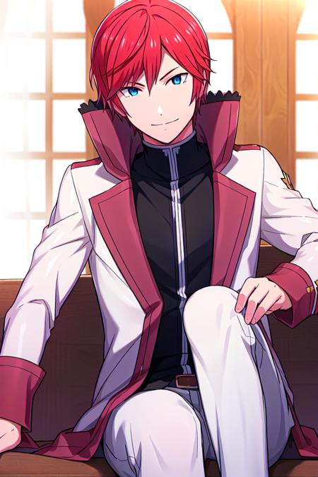 <lora:Reinhard:0.8>, Reinhard, 1boy, solo_focus, red hair, blue eyes, sitting casually,