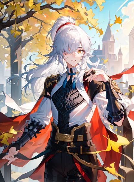 (masterpiece, best quality, ultra-detailed, highres, illustration:1.1),1boy,mole, mole under eye, jingyuan, hair ribbon,(yellow eyes),ponytail,armor, white hair,one eye covered,cowboy shot,looking at viewer, (ginkgo leaf:1.3),ginkgo tree,  falling ginkgo leaf
 <lora:jing_yuan-07:1>