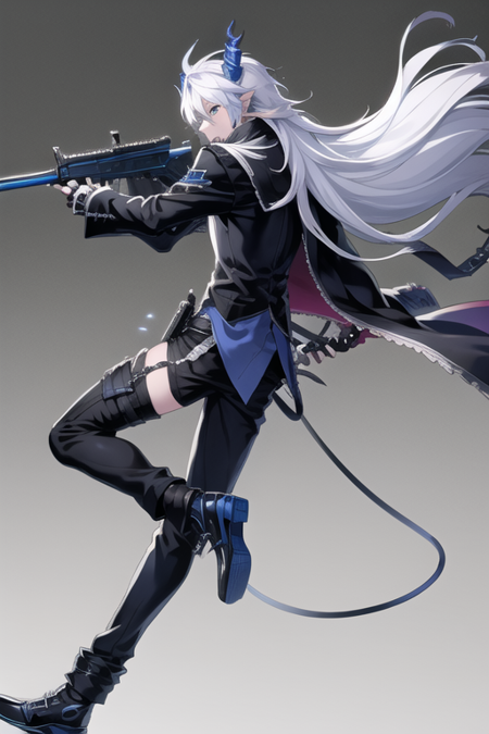 <lora:CielElsword-09:0.7>, ciel, 1boy, solo, long hair, looking at viewer, blue eyes, thighhighs, gloves, long sleeves, holding, very long hair, jacket, weapon, white hair, horns, pants, fingerless gloves, black footwear, from side, black jacket, black pants, assault rifle, gun, holding gun, firing, , blue horns, demon horns, white cape