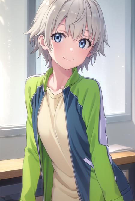 saikatotsuka, <lora:saika totsuka s2s3-lora-nochekaiser:1>,
saika totsuka, blue eyes, ahoge, grey hair, male focus, smile,
BREAK jacket, green jacket, shirt, white shirt, open jacket, shorts, green shorts, raglan sleeves,
BREAK indoors, classroom,
BREAK looking at viewer, (cowboy shot:1.5),
BREAK <lyco:GoodHands-beta2:1>, (masterpiece:1.2), best quality, high resolution, unity 8k wallpaper, (illustration:0.8), (beautiful detailed eyes:1.6), extremely detailed face, perfect lighting, extremely detailed CG, (perfect hands, perfect anatomy),