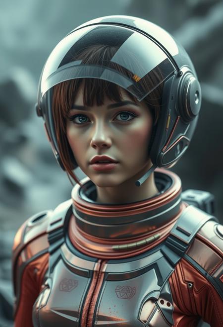 realistic photography of a space girl in alien world, short hair, spacesuit helmet, ana de armas, sci-fi, cyberpunk, shiny spacesuit, space ranger, space warrior, alien color, hyper detailed, cinematic,