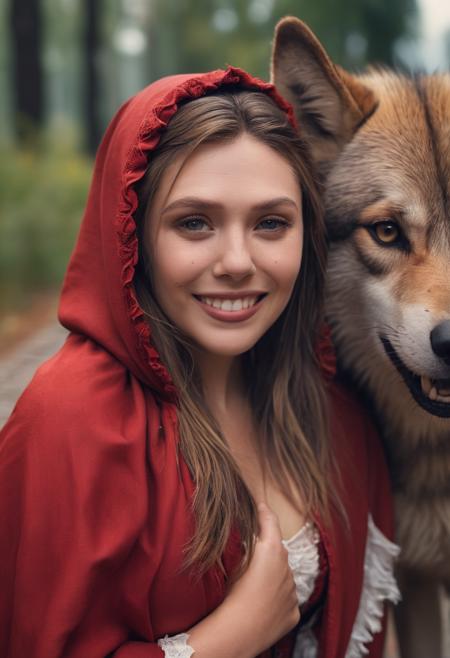 professional head and shoulders portrait,beautiful woman is little red riding hood,wearing red Headwear Cloak and Pants,standing a brick road petting her giant wolf,eye_contact,evil smile,looking at viewer,detailed skin,perfect skin,perfect eyes,photorealistic,film grain,color graded cinematic,eye catchlights,atmospheric lighting,macro shot,skin pores,imperfections,natural,shallow dof,<lora:eliolsen_v4_xl_4_standard_wo_cap_merger_31_45_86_03_03_04:1>,