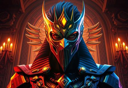 Create a high-resolution, cinematic image of Elemental HERO Bladedge merged with Curse of the Masked Beast, inspired by storm Egyptian gods and 1970s X-Men art style. The character, named Chad, should be depicted with epic bionic cyborg implants, set against a rich, deep, symmetrical Neo-Gothic background. Incorporate Fibonacci elements and micro details, with a focus on lifelike, photorealistic quality. The image should evoke a sense of luxury and have a vibrant, high-contrast color scheme. The final image should be in 8K resolution, with a 16:9 aspect ratio, and be suitable for use as a film still or diorama. Incorporate the style of Ayami Kojima, Amano, and Ilya Kuvshinov, with a focus on cohesive, atmospheric lighting.