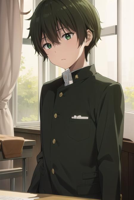 houtarouoreki, <lora:houtarou oreki s1-lora-nochekaiser:1>,
houtarou oreki, short hair, bangs, black hair, hair between eyes, (green eyes:1.5), male focus,
BREAK school uniform, gakuran,
BREAK indoors, classroom,
BREAK looking at viewer, (cowboy shot:1.5),
BREAK <lyco:GoodHands-beta2:1>, (masterpiece:1.2), best quality, high resolution, unity 8k wallpaper, (illustration:0.8), (beautiful detailed eyes:1.6), extremely detailed face, perfect lighting, extremely detailed CG, (perfect hands, perfect anatomy),