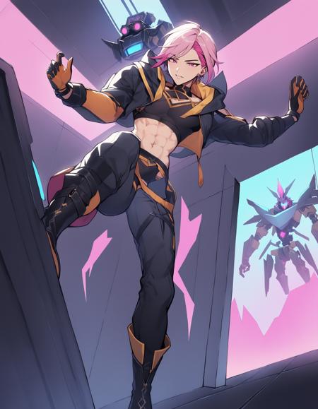 1boy, Kayne, League of Legends, hrstlxks style, male focus, solo, short hair, pink hair, jacket, gloves, midriff, pants, boots, robot, goggles, falling over, indoors, masterpiece, best quality , <lora:HeartsteelSDXL:0.8>