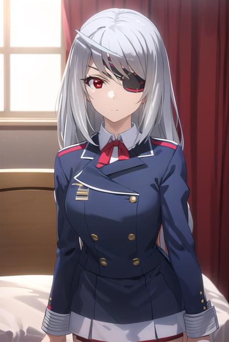 laurabodewig, <lora:laura bodewig s2-lora-nochekaiser:1>,
laura bodewig, long hair, (red eyes:1.3), grey hair, eyepatch,
BREAK school uniform, ribbon, blue ribbon, long sleeves, (red trim:1.2), uniform, military uniform, (white military uniform:1.5),
BREAK indoors, classroom,
BREAK looking at viewer, (cowboy shot:1.5),
BREAK <lyco:GoodHands-beta2:1>, (masterpiece:1.2), best quality, high resolution, unity 8k wallpaper, (illustration:0.8), (beautiful detailed eyes:1.6), extremely detailed face, perfect lighting, extremely detailed CG, (perfect hands, perfect anatomy),