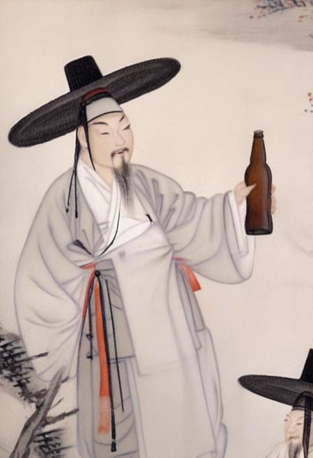 best quality, shinyunbok painting, a man with a hat holding a beer bottle <lora:shinyunbok_lora_sdxl_beta:1>