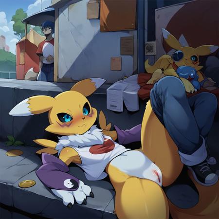 score_9, score_8_up, score_7_up, score_6_up, score_5_up, score_4_up, break, source_anime, hentai, official art, masterpiece, 1girl, renamon (digimon), anthro, cute, petite, very younger, young, small body, uncensored, extralarge t-shirt, large jeans, sexy, hornie, prostitute, dagasi, pussy peak, sitting