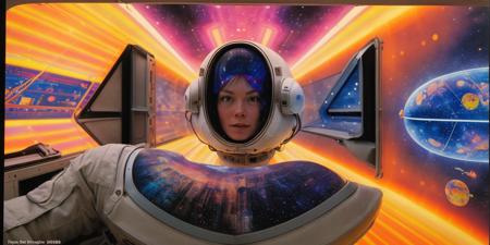 woman wearing a spacesuit with helmet, painted, (inside a spaceship:1.3), beautiful woman,  cover of a magazine, on the cover of a 1980s science fiction magazine by noriyoshi ohrai, syd mead, Robert mcguiness, focus on model, looking at viewer, (psychedelic:1.3)