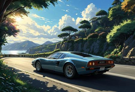 (studio ghibli digital drawing), best quality, masterpiece, extremely detailed,  professional  art,  professional painting, an extremely delicate and beautiful, dynamic,  great lighting, perfect shading, professional shading, depth of field,   side soft light, elegant, gorgeous, highly detailed,   full shot, uncropped,   pure genious, absolutely perfect,  highly detailed, breathtaking, classig sports car, relaxed and elegant, retro futuristic, dynamic turn around a corner, beautiful coastal road,
