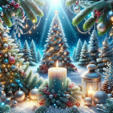Light blue Christmas candle located on one side of the image. Background with Christmas pine branches, colorful lights. Back ground Large Christmas tree, with bright silver and light blue and multicolored garlands. Background from light blue to silver light scale. 3D rendering, fashion, cute, fantasy art, high definition, ultra-real, Christmas style.