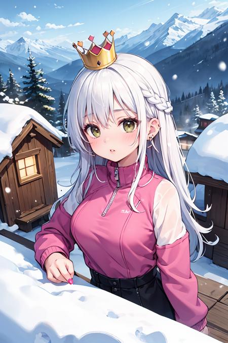 (masterpiece, best quality), Fleece jackets, Woman, Tall, Athletic, Heart-Shaped Face, Olive Skin, White Hair, Hazel Eyes, Long Nose, Pouty Lips, Sharp Chin, Long Hair, Coarse Hair, Fishtail Crown Braid, round breasts, Stud earrings, hot pink sheer lipstick, a cozy, snow-covered village nestled in the mountains