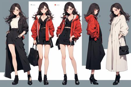 in the style of AI manhwa,Delicate illustration of anime girl in fashion style, character model sheet, (multiview:1.2) , (character turnover:1.3), <lora:epiNoiseoffset_v2:1>