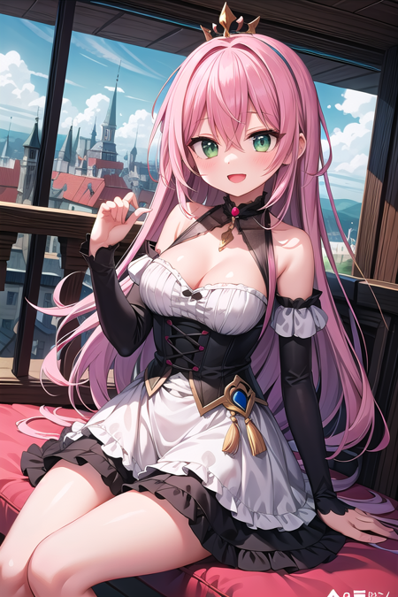 insanely detailed, absurdres, ultra-highres, ultra-detailed, best quality,
1girl, solo, nice hands, perfect hands,
BREAK
princess, princess dress with many frills, teara on hair,
happy smile, laugh, open mouth,
sitting, cute pose,
from below, cowboy shot,
BREAK
slender, kawaii, perfect symmetrical face, ultra cute girl, ultra cute face, ultra detailed eyes, ultra detailed hair, ultra cute, ultra beautiful,
BREAK
on roof of castle, (fantasy world, castle, panorama view:1.3), depth of field,
medium large breasts,
BREAK
pink hair, long hair, messy hair, green eyes, hair between eyes