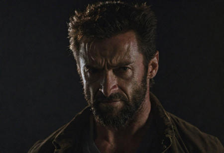 cinematic photo (wolverine), . 35mm photograph, film, bokeh, professional, 4k, highly detailed, realistic, detailed, photo realistic, sharp focus, 8k, Close-up, grim smile, relaxed pose, portrait movie shot, serious, menacing, chiaroscuro style photo, dark background, minimalism, dramatic lighting, professional quality, dull highlights and shadows, natural and  original,