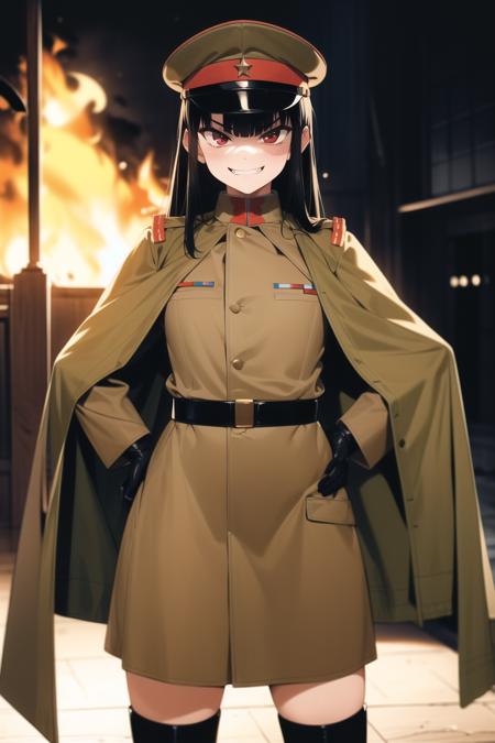 masterpiece, best quality, absurdres, high resolution, extremely detailed, 1girl, solo, cowboy shot, ((IJA Taisho, khaki uniform, IJA officer,)), IJA peaked cap,cloak,black long boots, hand on hip,small breasts,  narrow waist,  black hair, long hair, hime cut,  blunt bangs, red eyes, smug,evil smile,  <lora:IJAuniform-v0-000005:0.9>, white gloves, holster, leather belt pouch, ruined city, ruined street, on fire, night sky,