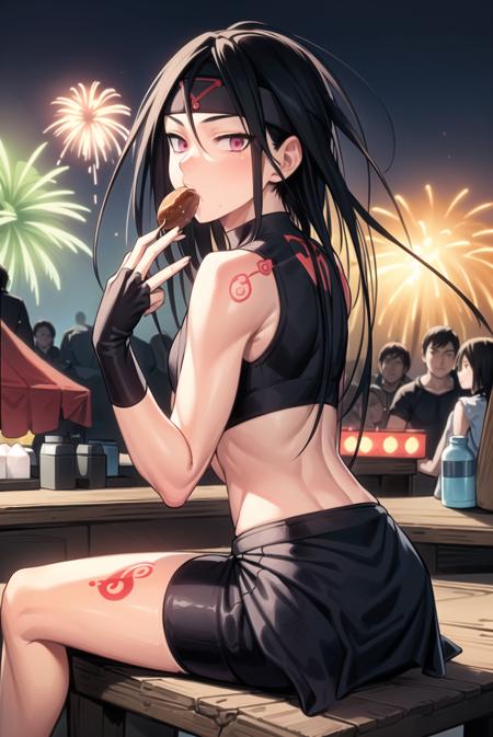 ((masterpiece,best quality, detailed)), market stall, festival, eating, sitting, looking back, fireworks, (leg tattoo:1.2),
<lora:EnvyV3-1:0.5>, envy (fma), 1boy, headband, crop top, midriff, fingerless gloves, bike shorts, skirt, male focus