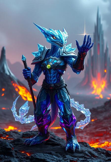 A highly detailed, intelligent portrait of a Krython, a crystalline species from volcanic realms. Standing upright with two hands, two feet, and a tail, the Krython wears ornate fantasy armor, holding an intricately designed weapon that hints at its advanced culture. Its body, made of multifaceted translucent crystals, refracts vibrant colors ranging from deep blues to shimmering purples. Its sharp, sleek limbs and angular features highlight both its intelligence and otherworldly elegance. Glowing eyes radiate internal energy, reflecting its emotions and keen awareness.
In the background, futuristic architectural spires of sci-fi design emerge from the volcanic terrain, crafted from crystal and metal, harmonizing with the surrounding geothermal environment. These towering structures pulse with energy, symbolizing the Krython’s sophisticated civilization.
The volcanic landscape, with molten lava and rising steam, glows in the eerie light of geothermal vents. The Krython stands confidently, manipulating energy waves with one raised hand, demonstrating its ability to communicate through harmonic vibrations. Cinematic lighting enhances the crystal textures and the vivid colors of the surroundings, emphasizing the majesty, power, and intelligence of the Krythons, guardians of their volcanic realm. (Ultra-realistic, 32k, Masterpiece, High Quality, Detailed Realistic Background, Official Art, Realistic Lighting).