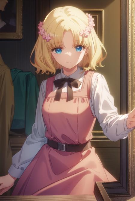 mariacampbell, <lora:maria campbell s2-lora-nochekaiser:1>,
maria campbell, short hair, blue eyes, blonde hair, hair ornament, flower, hair flower, (parted bangs:1.5), smile,
BREAK shirt, long sleeves, dress, bow, white shirt, belt, bowtie, pink dress,
BREAK indoors,
BREAK looking at viewer, (cowboy shot:1.5),
BREAK <lyco:GoodHands-beta2:1>, (masterpiece:1.2), best quality, high resolution, unity 8k wallpaper, (illustration:0.8), (beautiful detailed eyes:1.6), extremely detailed face, perfect lighting, extremely detailed CG, (perfect hands, perfect anatomy),