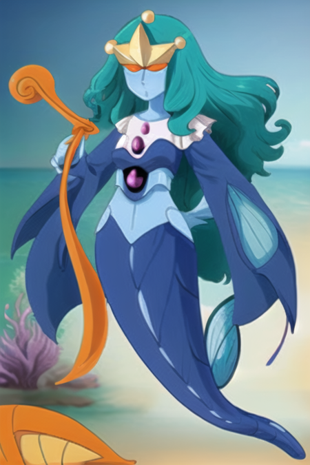 Sirenoid bakugan female humanoid blue skin mermaid gold crow,