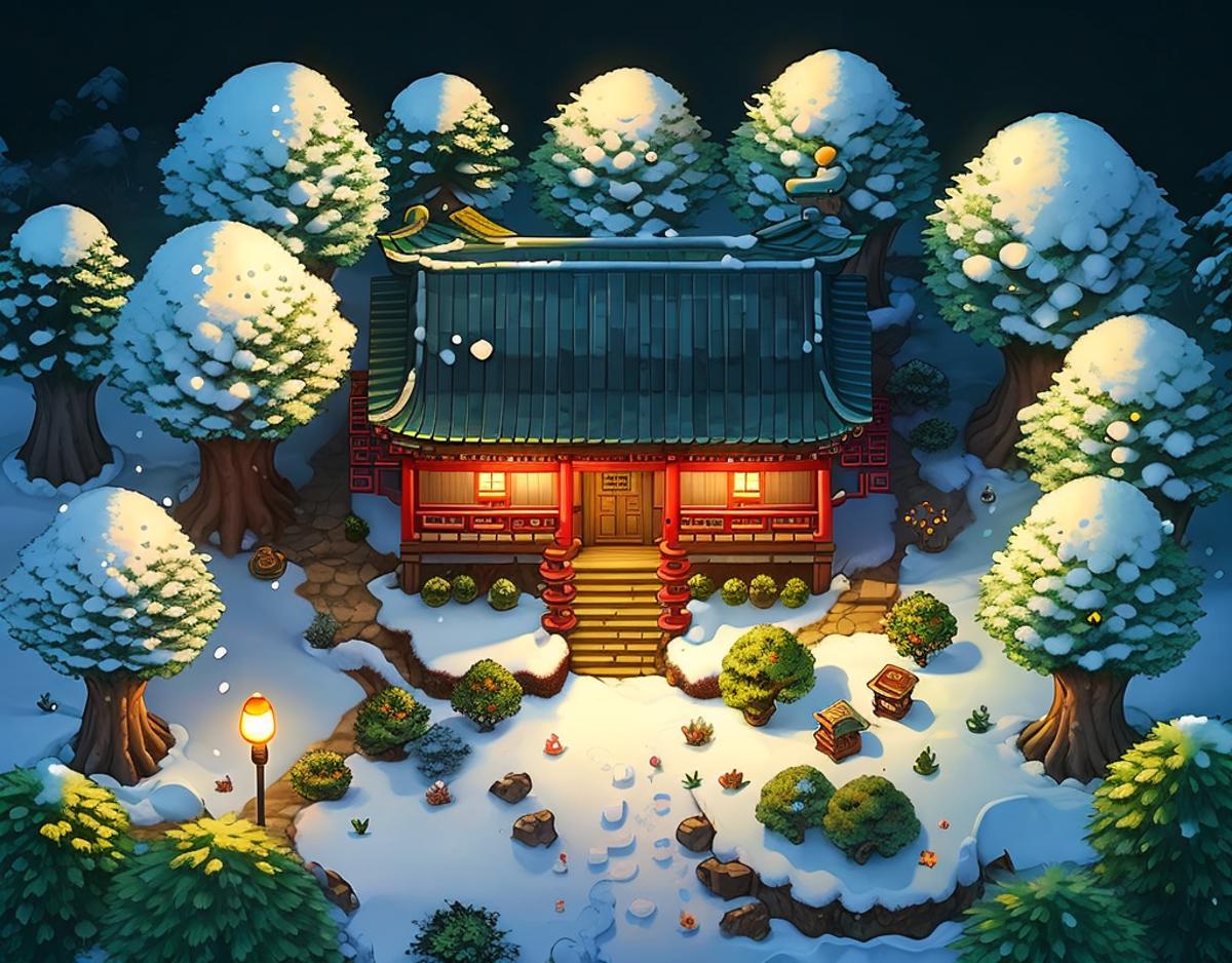A Japanese style house in a snowy village with trees and a lantern.