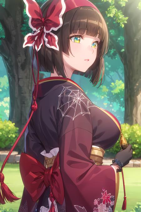 (masterpiece:1.2, best quality), (finely detailed beautiful eyes: 1.2), (extremely detailed CG unity 8k wallpaper, masterpiece, best quality, ultra-detailed),1girl,   dutch angle, mio, large breasts, hairband, japanese clothes,  purple kimono , black gloves, hair bow,spider web print, sash , obi, hair ribbon,  High contrast, (best illumination, an extremely delicate and beautiful),(simple backround, outdoors,  front on),  beautiful detailed glow, (beautiful detailed face, beautiful detailed eyes)