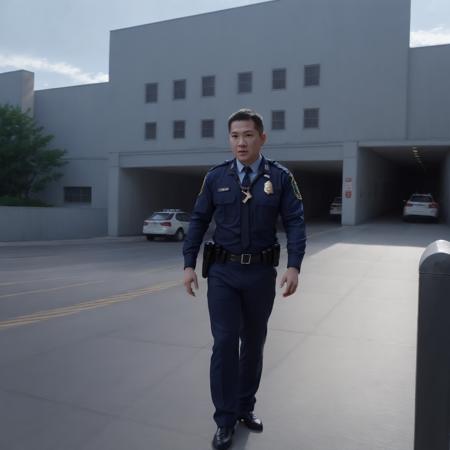 asian,<lora:gan2_video:0.75>, Create a realistic image of a police officer performing his patrol duties. The scene should be ultra-realistic, with a high level of detail in the officer and the surrounding environment. The officer's alertness should add a serious element to the scene. The lighting should be bright and direct, illuminating the scene and casting dramatic shadows. The colors should be a mix of the cool blues and blacks of the officer's uniform, the colors of the cityscape, and the natural hues of the day. The composition should be a close-up shot of the officer, with the cityscape visible in the background. Use a high-resolution camera with a fast shutter speed to capture the action,