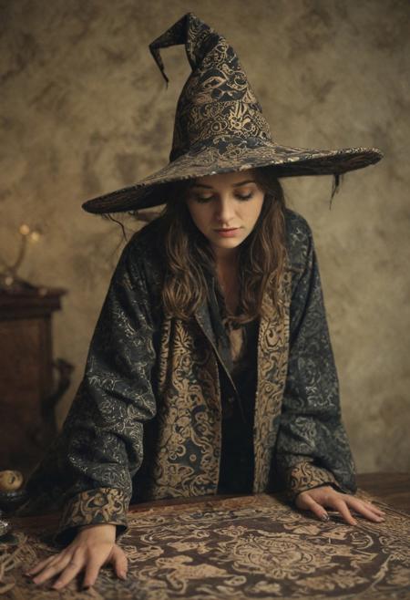 witch wearing hat and coat made out of batik fabrics on the table,
masterpiece, UHD, sharp and in focus. emotional, harmonious, vignette, highly detailed, high budget, bokeh, cinemascope, moody, epic, gorgeous, film grain, grainy