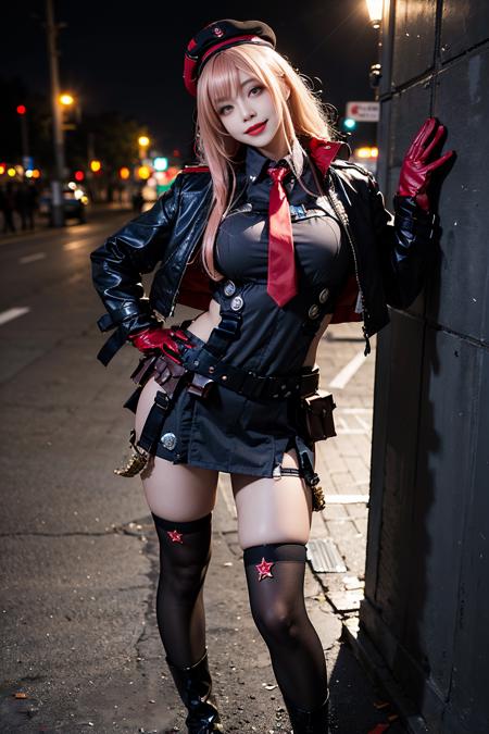 best quality, masterpiece, realistic, (photorealistic:1.4), 1girl, solo, full body, looking at viewer, smile, standing, rapi cosplay costume, cosplay, ammunition belt, jacket, bullet, hat, necktie, gloves, thighhighs, boots, detailed background, wall, night, <lora:nikke_rapi_cosplay_costume_v1:0.7>