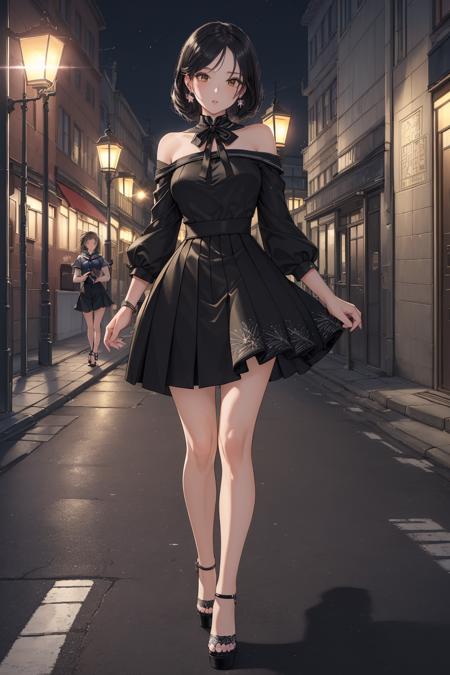 ((masterpiece, high resolution, best quality:1.4, breathtaking, ultra detailed)), (a cute woman in a street while a strong light shines on her and makes everything else dark), open toe heels, serafuku, night, street lamp, walking, <lora:feetmasterlorav1.2:0.4>