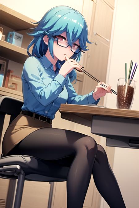 <lora:9Yamada-09:0.7> ,yamadaptd, 1girl, solo, long hair, looking at viewer, skirt, shirt, long sleeves, holding, hair between eyes, sitting, blue hair, pantyhose, food, glasses, collared shirt, belt, indoors, pink eyes, black pantyhose, sparkle, chair, eating, blue shirt, semi-rimless eyewear, pencil skirt, bowl, under-rim eyewear, brown skirt, chopsticks, holding chopsticks, holding bowl, blue-framed eyewear