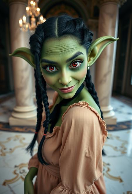 aesthetic ,  goth, goblin, green skin, black hair, braids, red eyes, indoors, ballroom, marble floor, vintage dress. castle, columns, teasing expression, playful, smug face,  nipple peek, big eyes, solo,  dutch angle,  g0thicPXL,  (big lips:0.6), (close up:1.2), portrait, small breasts, sideboob