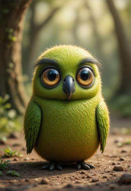 a cute adorable anthropomorphic eyeball monster dress like a parrot, round body, plump kiwi shape, fluffy fur, forest, sunlight, soft natural light. 
cute, big-eye, adorable, brightly colored, cheerful, anime influence, naughty face, laughing, happy, playful, cheerful, bright, vibrant, light-hearted,  
characters, digital, fantasy, illustration, manga-anime, portraits, whimsy, 
3d-rendering, concept-art, digital, dreaminess, 
eeriness, photorealism, other-worldliness, realism, science-fiction, surreal, colorful, 
aidmafluxpro1.1