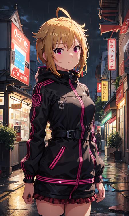 tsubasa ibuki (million live), (best quality, 8K, masterpiece, ultra detailed:1.2), 1girl, solo, outdoors, night, danger, rain, agent, cyberpunk, synthwave, neon lights, cold