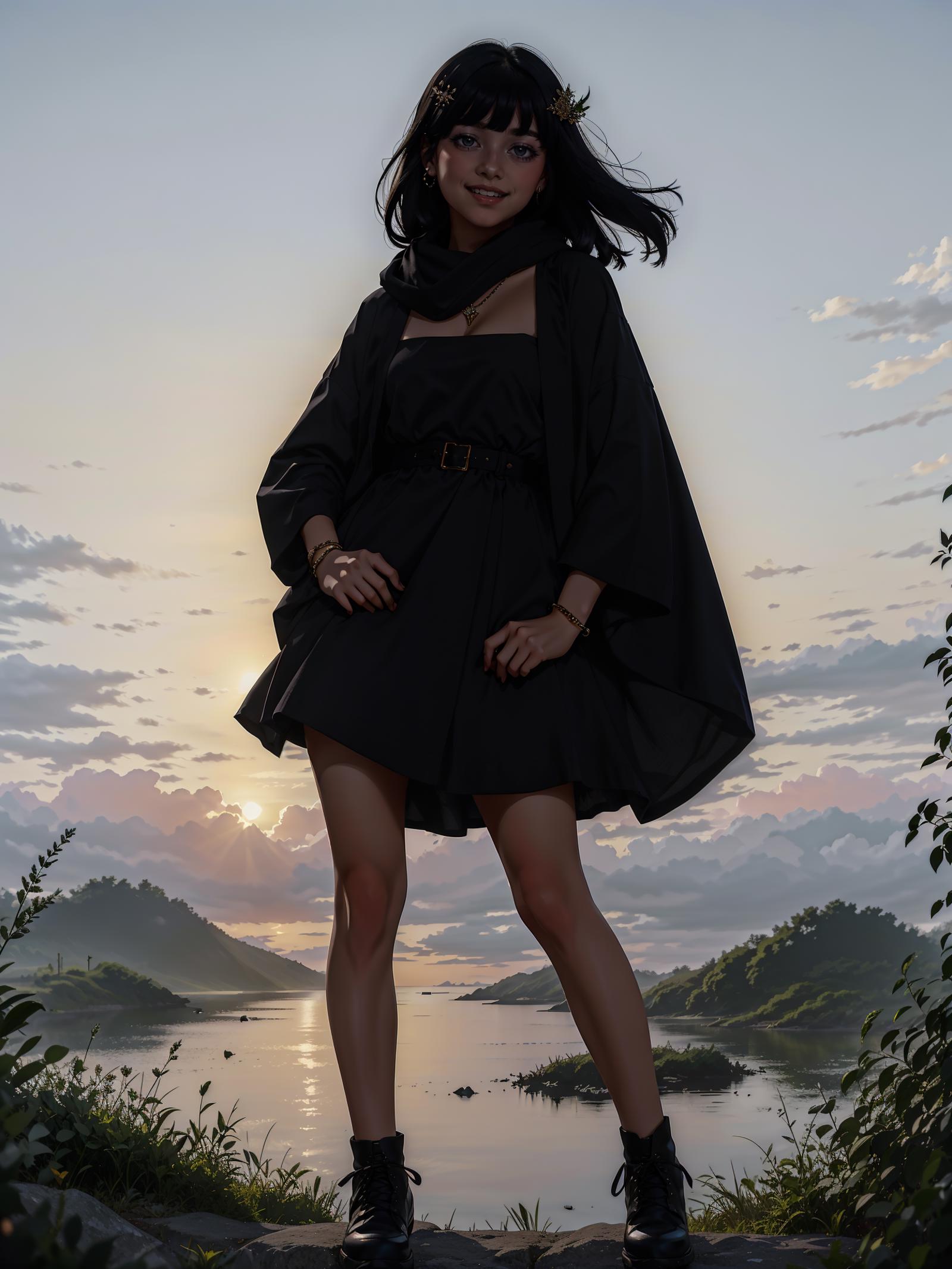 Illustration of a woman in black dress standing near a lake.