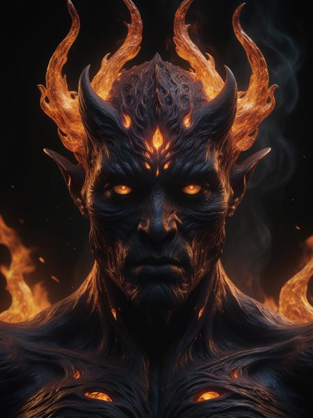 (8k, RAW photo, highest quality), hyperrealistic, intricate abstract, intricate artwork, abstract style, striking portrait, menacing, otherworldly creature, [demon:darkness:35], [flames:magma:40], with swirling flames cascading from its body, fearsome power and ethereal presence, non-representational, colors and shapes, expression of feelings, imaginative, highly detailed, extremely high-resolution details, photographic, realism pushed to extreme, fine texture, 4k, ultra-detailed, high quality, high contrast