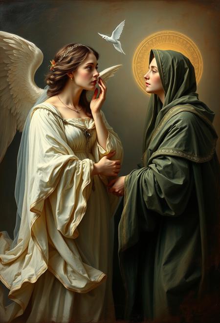 Ethereal spiritual oil painting depicting a whispered conversation between Madame X and an artist. Classical Baroque style with religious themes, soft color palette, chiaroscuro, delicate figures in flowing drapery, serene expressions, balanced symmetry, intricate details. Rich textures, visible brushstrokes, and a light aura create a mystical feeling.