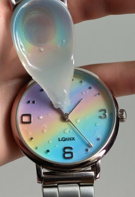 lazypos,aesthetic,extremely aesthetic,masterpiece,flowing,pool of liquid,overflowing,made of l1qu1dp34rl,metal,pearl,liquid pearl,pearlescent,pastel colors,rainbow,watch,no human,pocket watch,watch face,clock face,close up,macro photography,macro photo,liquid,filled,filled with liquid,liquid pouring from watch,oozing,<lora:liquidpearlXL_r1:1>,