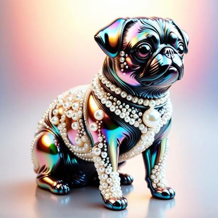 lazympos, depth of field, hyperrealistic, masterpiece, Intricate Design, Pearlum,
a colourful pug statue made of metal, reflective metal, statue made of pearls, rainbow theme