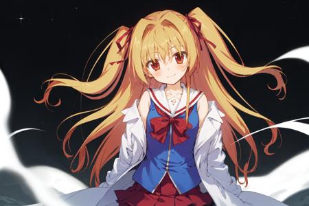 <lora:nikaidou_shinku:0.7:lbw=KoChar>,nikaidou shinku,1girl, best quality,red pleated skirt,two side up, hair ribbon, blue shirt,labcoat, school uniform,bare shoulders,  head tilt, light smile,