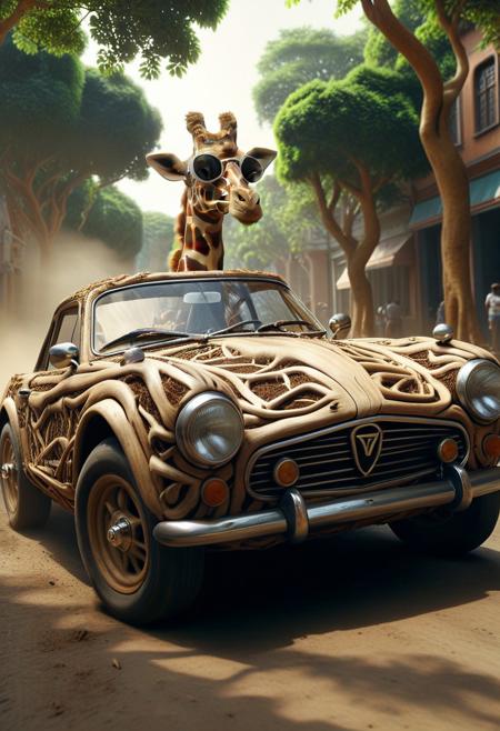 PG-TR, (made out of roots:1.3), made out of roots, full body shot, from side, cute small roots classic sports car, giraffe driving, wear round goggles, wear animal ears helmet, run through on roots city street, Dust, Taste the Rainbow, cinematic, cinematic lighting, (masterpiece, best quality:1.4), ultra-high res, 4k, Photorealistic, insanely detailed, sfw,