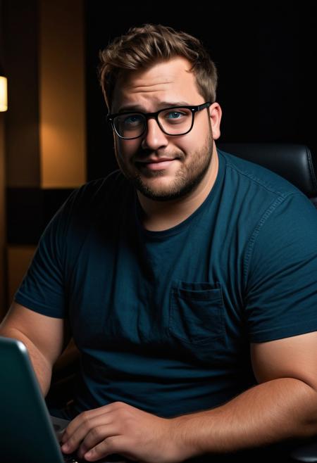 ((cinematic hazey atmosphere, romantic movie, romance film, arthouse film)), ((dark, night nighttime, dark background, shadows)), Tanned chubby 30 year old German man, wearing a black t-shirt and blue jeans, light brown messy hair, glasses, stubble, doublechin, broad face, blue green eyes, big fat arms, big neck, big belly, (nerd, programmer, coder), gentle smile, (sitting in dark office at night while programming on a high-tech computer),