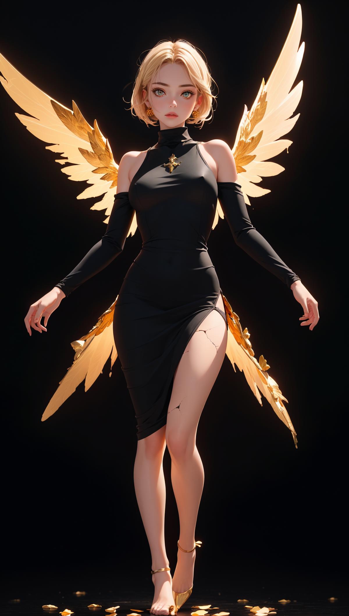 A black and gold dress with wings on the back, worn by a woman with a scar on her leg.