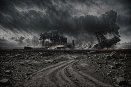a professional landscape photo of large city ruins in postnuclear winter, smoke, dramatic, gloomy, dark, scary, master piece, soft light, ultra detailed, ultra high quality, sharp focus, 8k uhd, dslr, soft lighting, high quality, 25mm f1.4, film grain, fujifilm xt3, by  Roman Robroek  <lora:XSArchi_135Ruins sceneåºå¢åºæ¯:1>