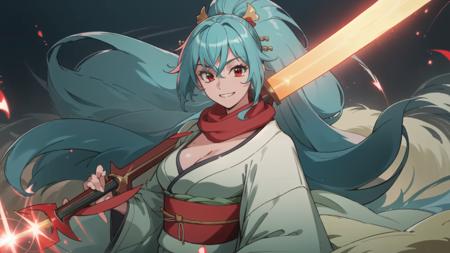 (masterpiece, high quality:1.3), 16k, uhd, 1girl, solo, aqua hair, very long hair, japanese clothes, kimono, scarf, cleavage, hair ornament, hair stick, kimono, sash, large breasts, red eyes, <lora:TomoeAdvanched:0.6>, smile, grin, dark aura, energy beam, (holding energy sword:1.4), fighting stance, cowboy shot, <lora:AOVStyle:0.6>