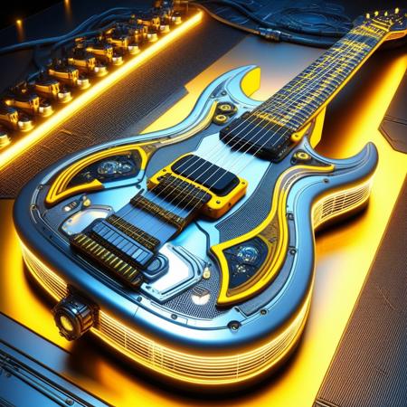 DonMX3n0T3chXL, a cyber guitar, masterpiece, best quality, highly detailed, sharp focus, dynamic lighting