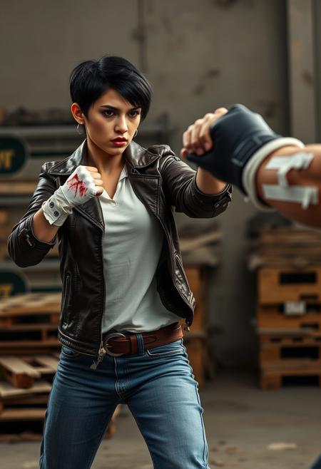 A beautiful latin short black hair girl tomboy hairstyle 20 years old angry huge breast wounds bruises and bumps with a torn leather jacket white shirt jeans boots and 
bandaged hands with blood stains  in defense pose 
receiving quick punches from a big muscular rusian woman in a warehouse, fast fists multiple fists high speed lines
