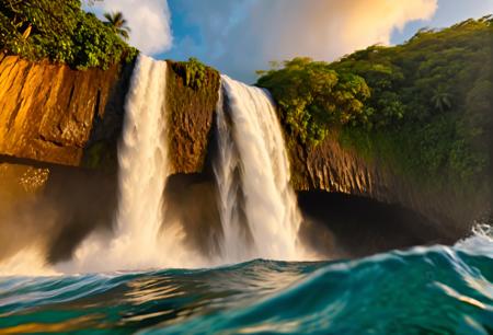 National Geographic nature photoshoot photo, close-up of the waterfall, waterfall cascading down a cliffside on an island paradise in the Caribbean sea,waves crashing below, waterfall plunging into the sea, big sky, landscape photography, expansive, awe-inspiring, breathtaking, vivid colors, golden hour, low-angle shot, very fast shutter speed, <lora:waterfallsXL:0.8>