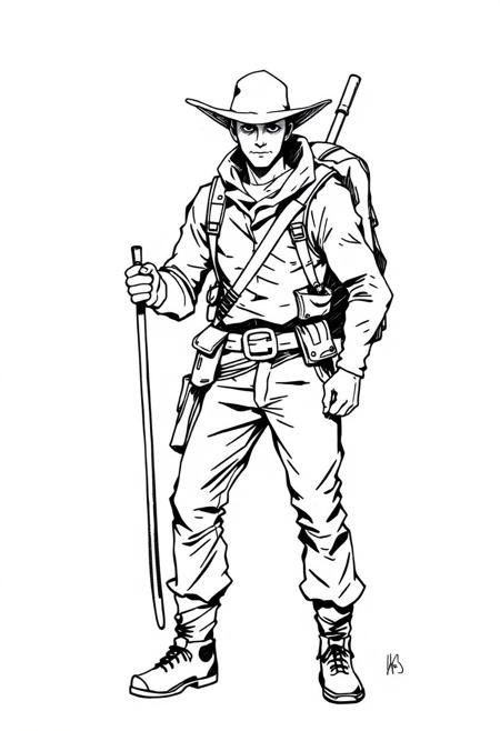 score_9, score_8_up, score_7_up,  monochrome, 1man, pulp big game hunter, adventurer, full body, standing, plain white background, ink sketch